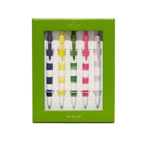 Kate Spade New York Black Ink Plastic Click Pens, Rugby Stripe (Set of 5)